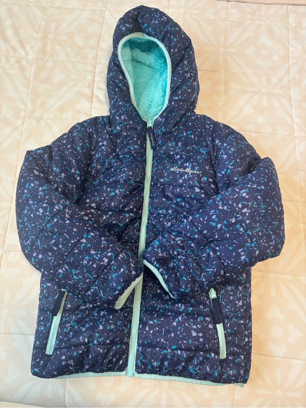 Eddie Bauer Reversible Navy Jacket with Teal Accents and Pattern